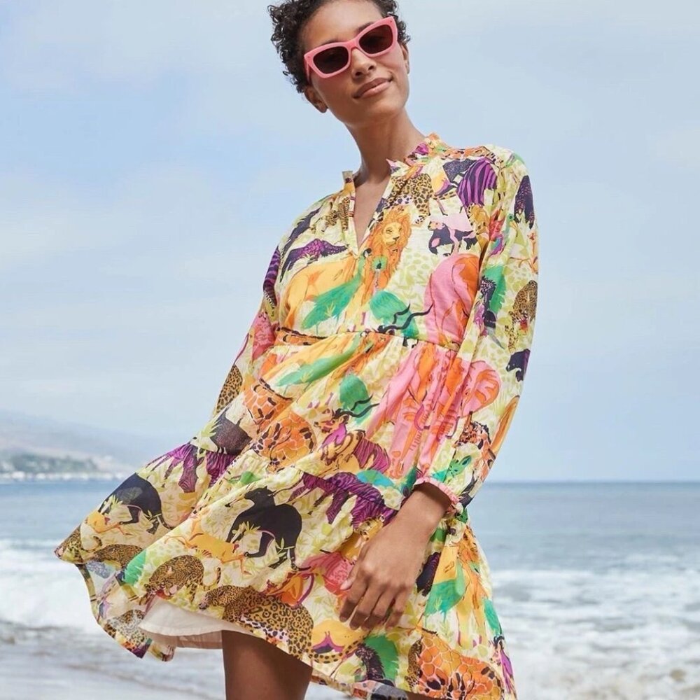 J. Crew Tiered Popover Dress Women's Size XS Ratti Safari Print Long Sleeve